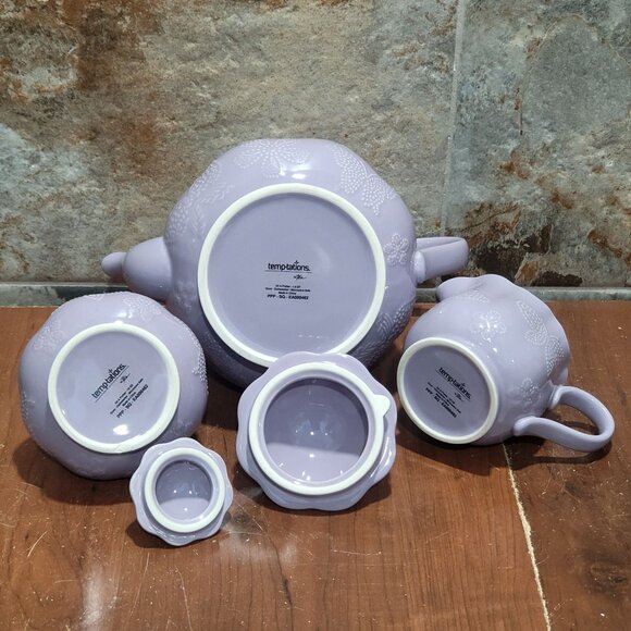 Temptations Lavendar Lilac Tea Set Teapot Sugar Bowl Creamer Embossed Butterfly - Picture 6 of 15